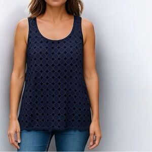 J. Crew NWT 100% Cotton Navy Blue Circle Embroidered Eyelet Tank Top Size Large‎